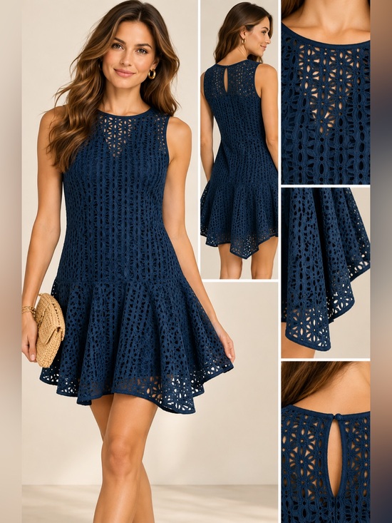 Tibi Dresses & Skirts - Tibi Navy Silk Cotton Eyelet Fit & Flare Dress Size 2